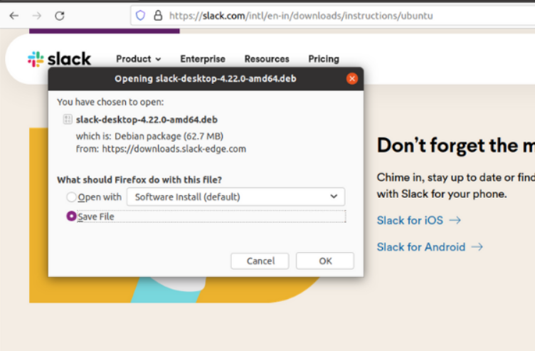 Downloading slack .deb file on Linux system